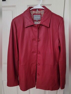 Juliet Michele Red Genuine Leather Lambskin Button-Front Jacket